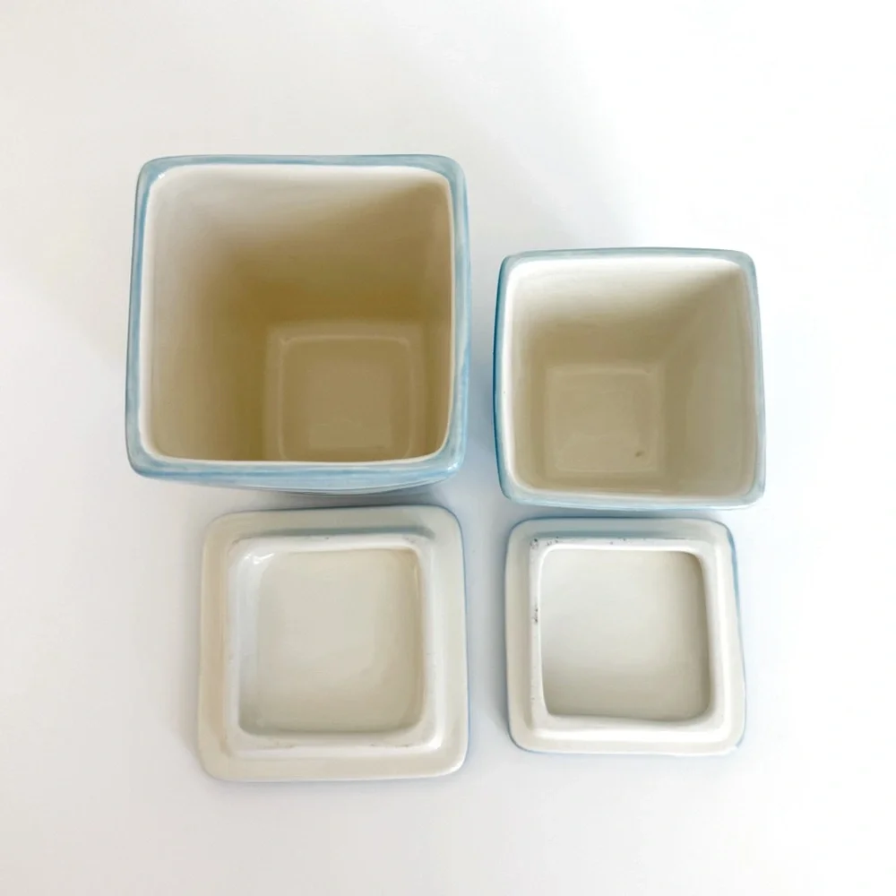 Pottery Barn Ceramic Canister Aqua Blue Vanity Jar Storage Container Set Of 2
